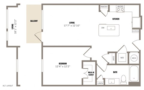 Floor plan for 1 bed, 1 bath, 752 sqft